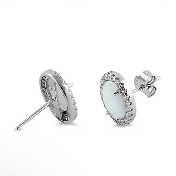 Sterling Silver White Opal & Clear CZ Oval Stud Earrings New - Picture 2 of 4